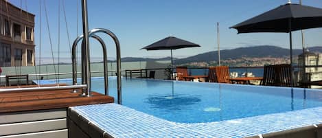 Seasonal outdoor pool, pool loungers