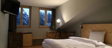 A bedroom with a bed, desk, chair, TV, and two windows.