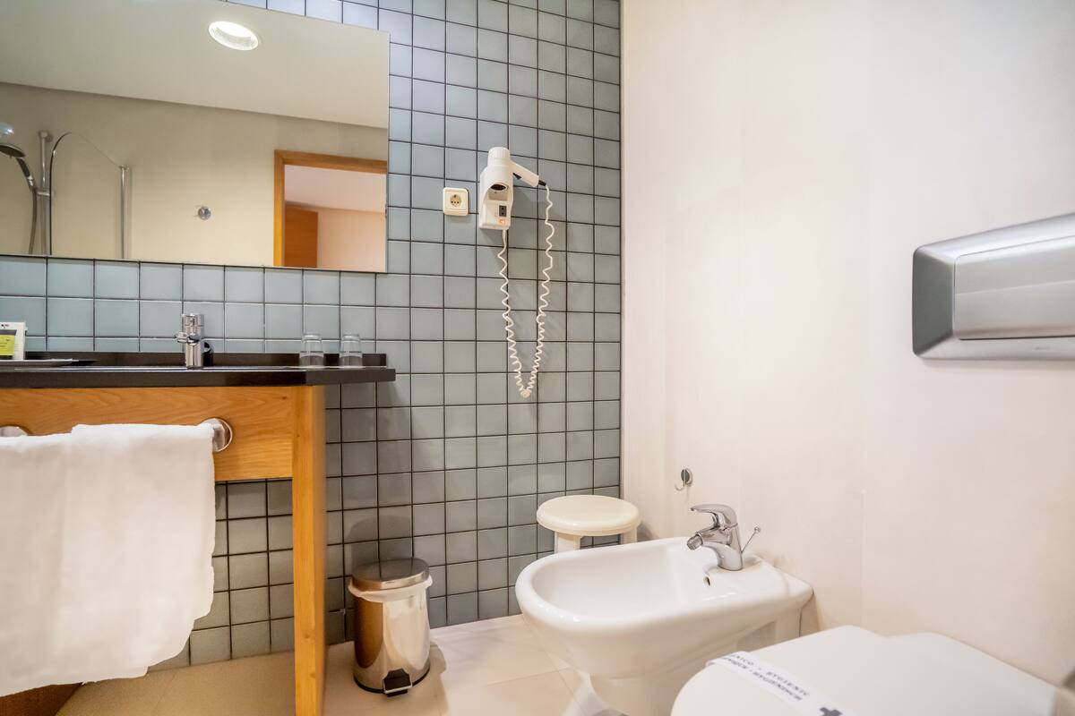 hair dryer, bidet, towels