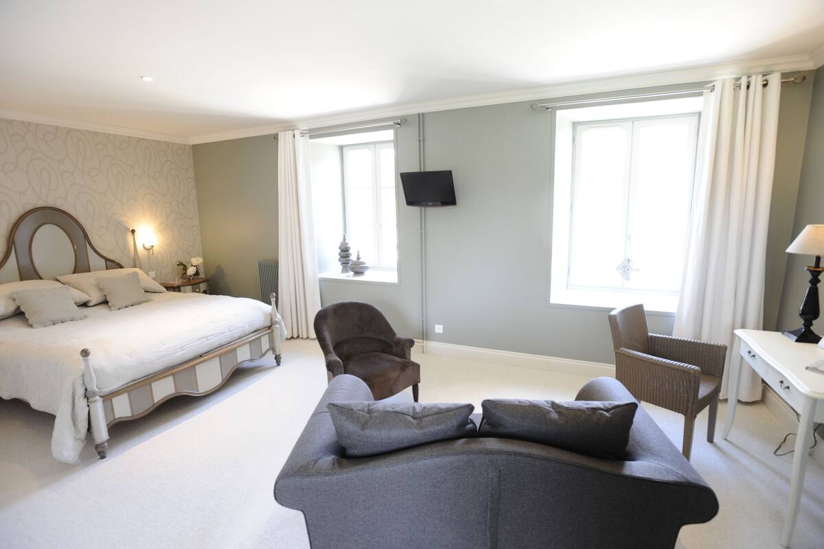 Une chambre avec un lit, un canapé, une chaise, un bureau et une télévision.