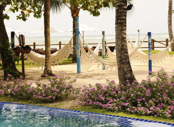 Una platja amb gandules, una piscina i flors roses.