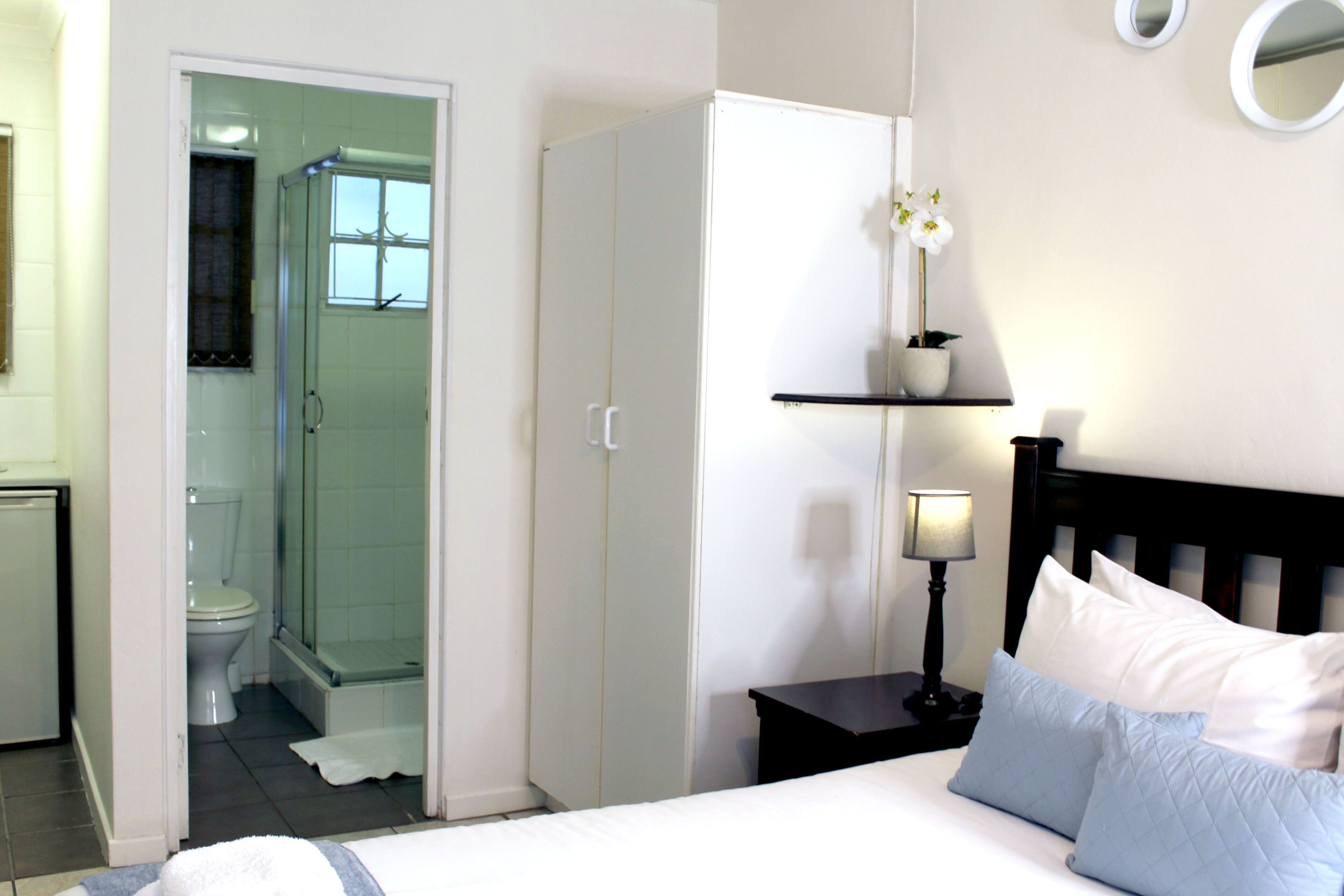 A hotel room with a bed, a nightstand with a lamp, a wardrobe, a bathroom with a toilet and shower, and a small shelf with a potted plant.