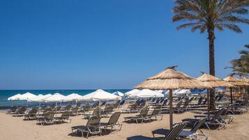 A beach with rows of sun loungers and thatched umbrellas, palm trees, and the ocean in the background.