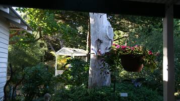 A covered porch with a hanging flower pot and a birdhouse on a tree trunk.
