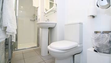 Een moderne badkamer met een glazen douchecabine, een wastafel op een zuil en een toilet.