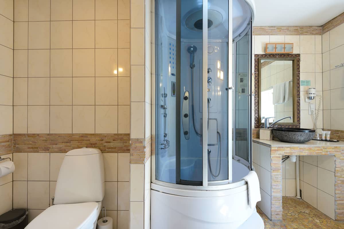 deluxe double room, fireplace | bathroom | free toiletries, hair dryer, towels