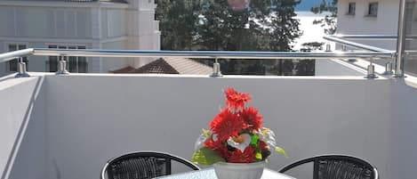 A balcony with a table and two chairs, a potted plant with red flowers, and a clear view of buildings and trees in the background.