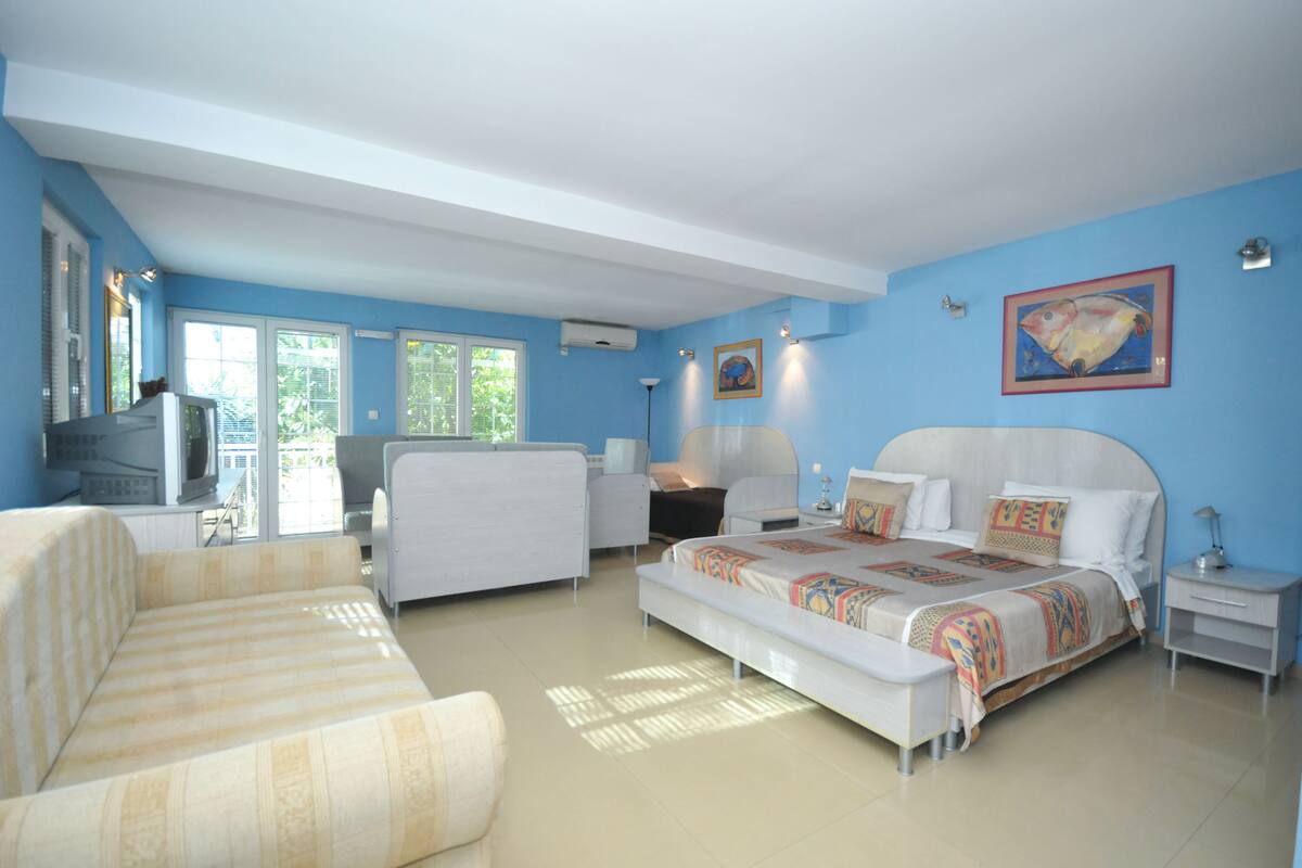 Une chambre à coucher comprenant un lit, deux tables de chevet, une chaise, un canapé et un téléviseur.