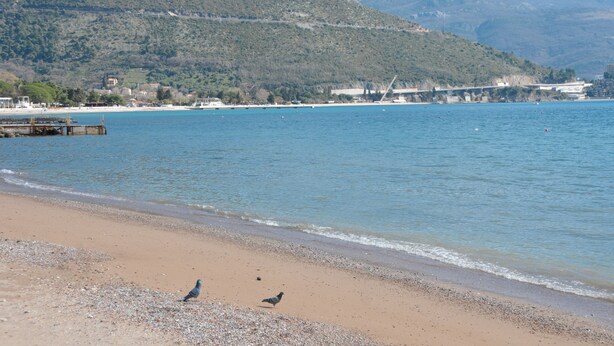 A beach with pebbles and two birds, a mountain in the background, and a bridge connecting to a landmass. - Oaza (Budva)