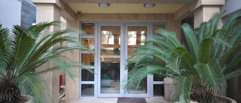 Entrada de hotel con puerta de cristal, un pequeño espacio exterior con plantas de palma y un camino de hormigón que lleva a la puerta.