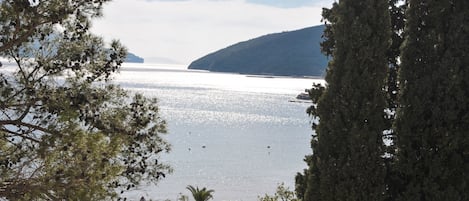 A coastal view with a clear sky, a calm sea, and a distant mountain.