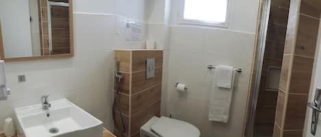 Un baño con lavamanos, inodoro y ducha.