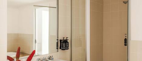 A bathroom with a white sink, a mirror, and a shower area.