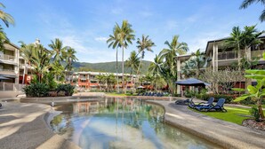 A resort pool area with palm trees, lounge chairs, and a clear view of the surrounding buildings. - Mantra Amphora (Palm Cove)