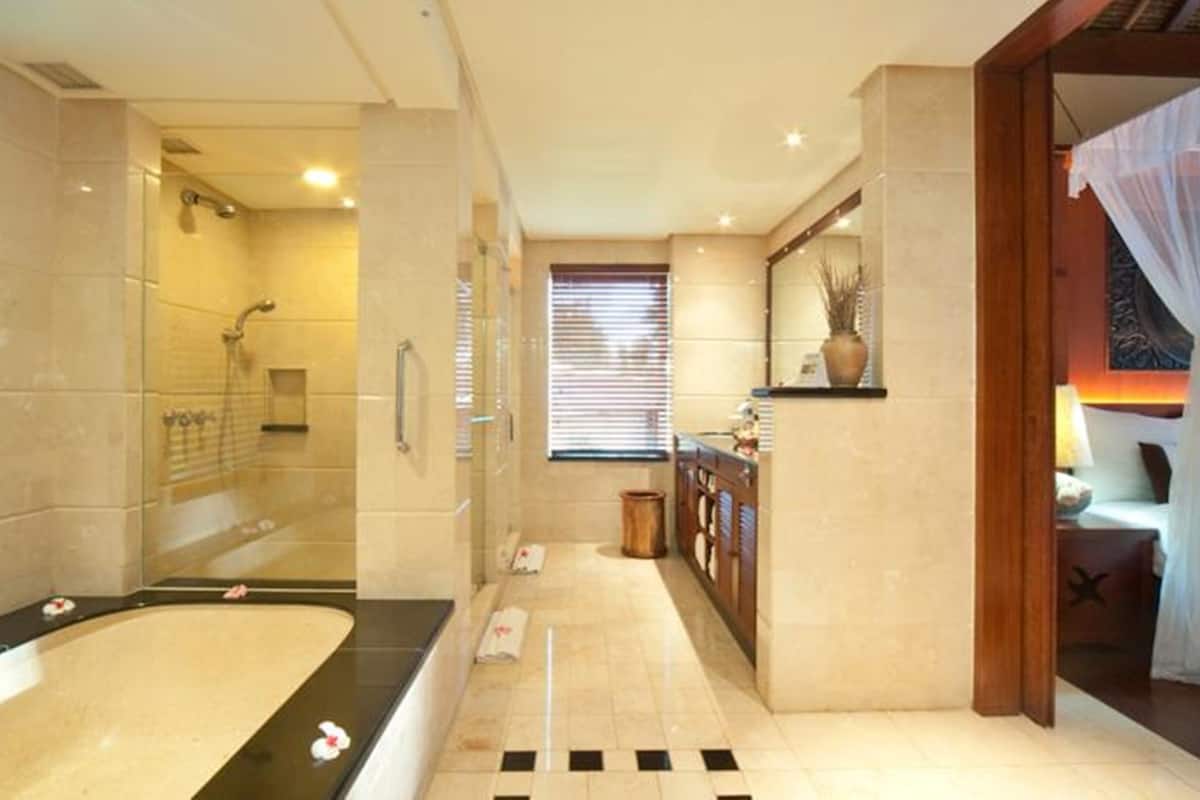 separate bathtub and shower, hair dryer, bathrobes, slippers