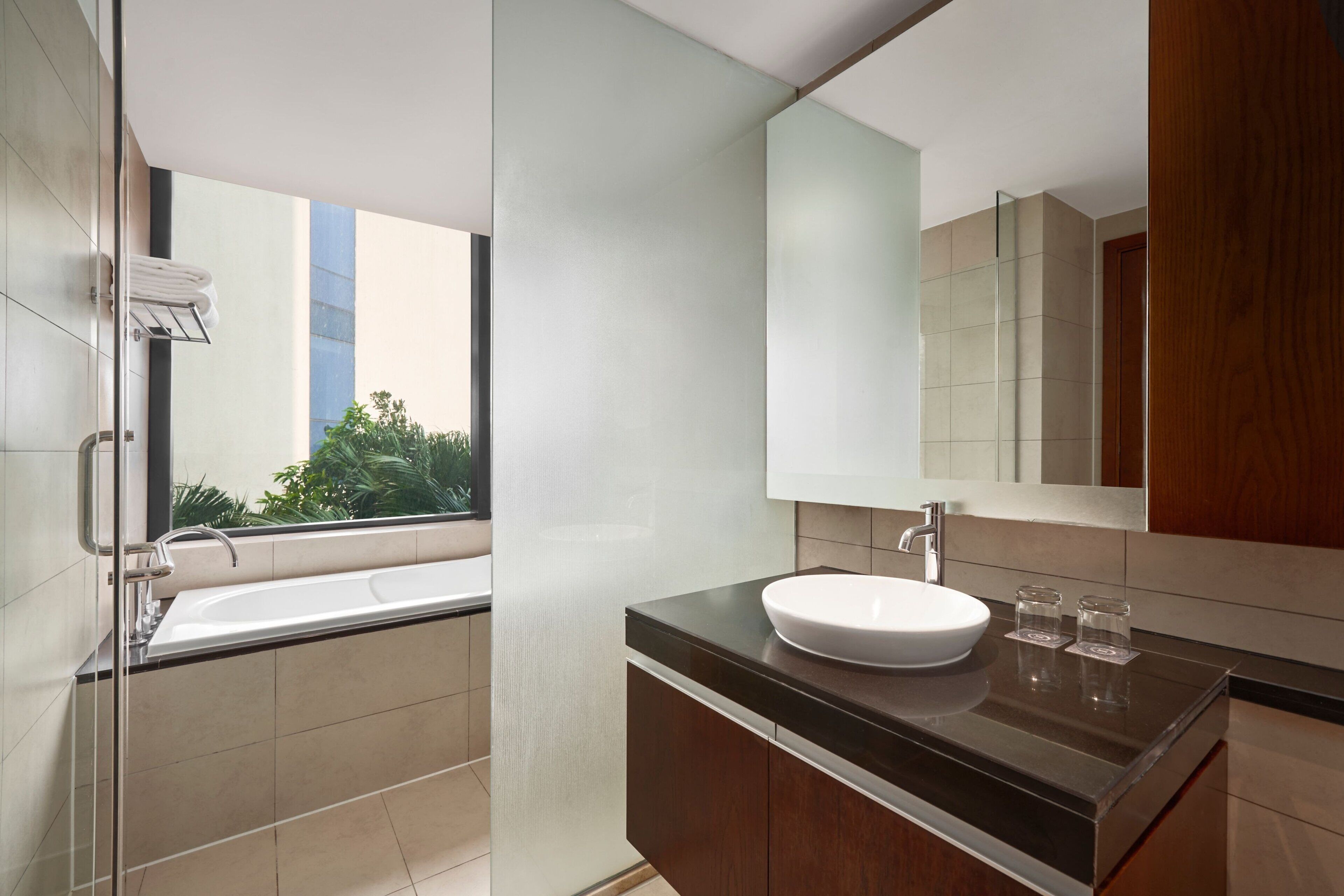 separate bathtub and shower, free toiletries, hair dryer, bathrobes