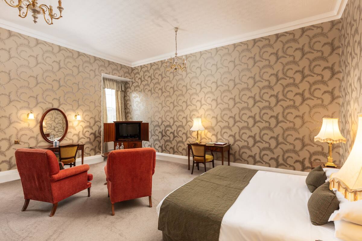 A hotel room with a large bed, two red armchairs, a wooden desk, a television, and patterned wallpaper.