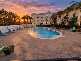 A swimming pool with lounge chairs and a brick patio, surrounded by a fence and palm trees.