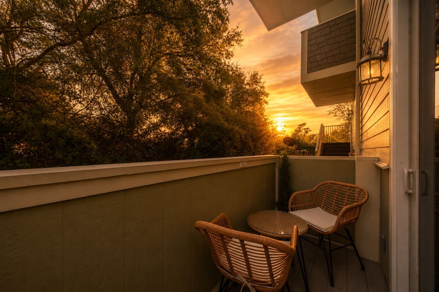 A balcony with wicker chairs and a table, overlooking a sunset with trees in the background.