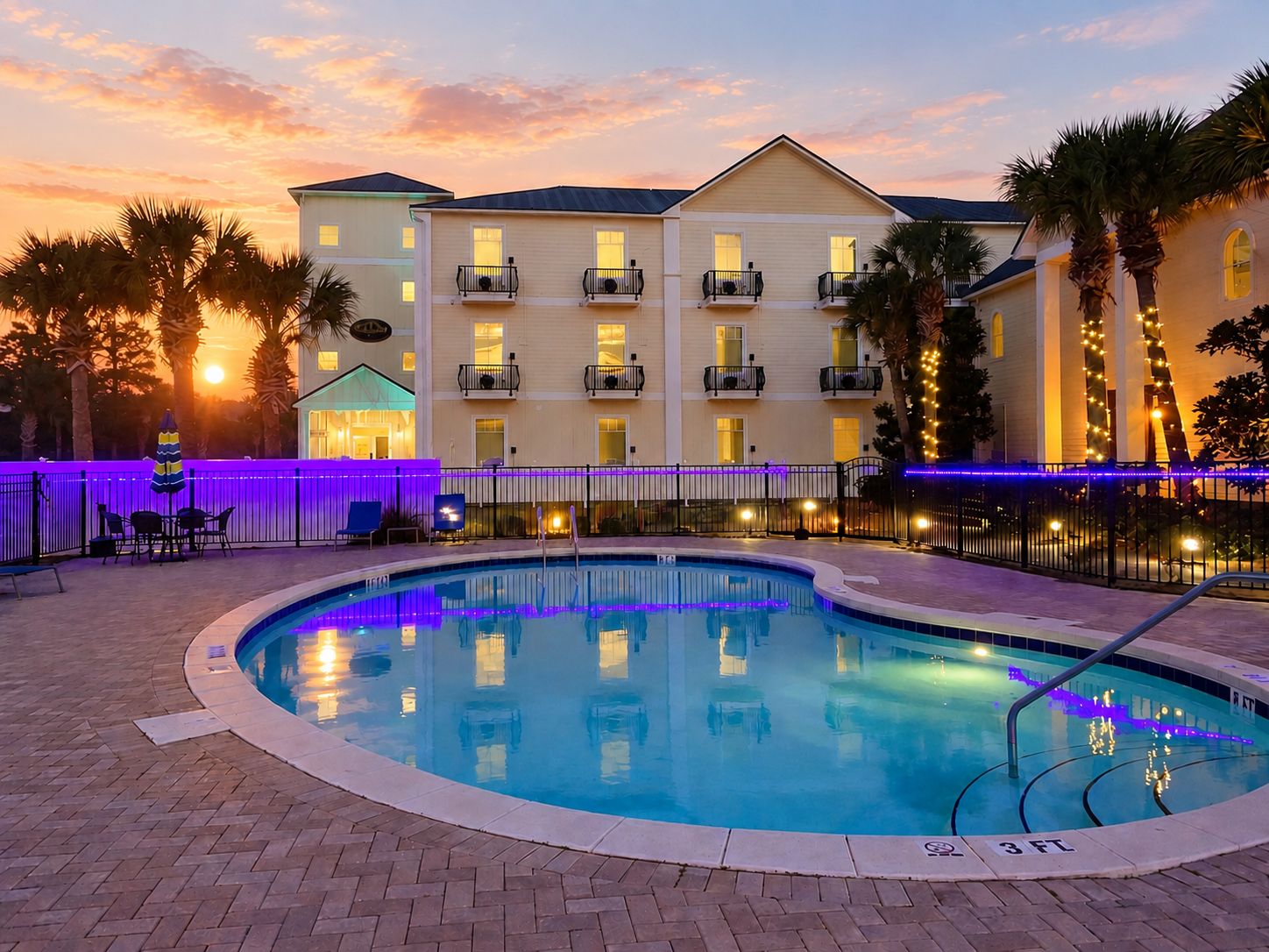 Un hotel con piscina, asientos al aire libre y vistas al atardecer.