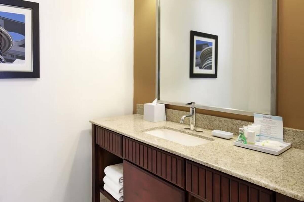 A bathroom with a large mirror, a sink, a towel rack, and a framed picture on the wall.
