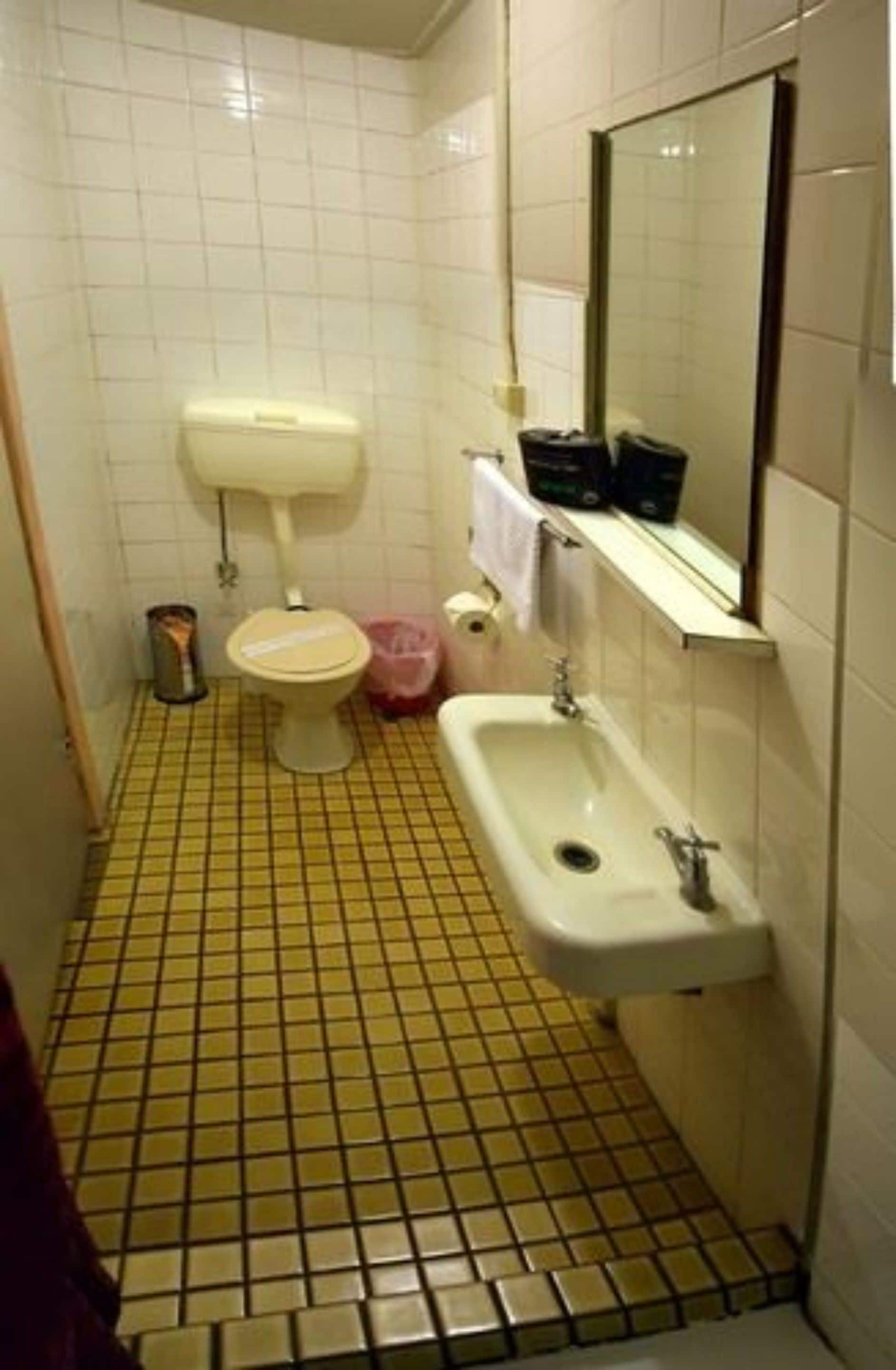 A small bathroom with a toilet, sink, and mirror.