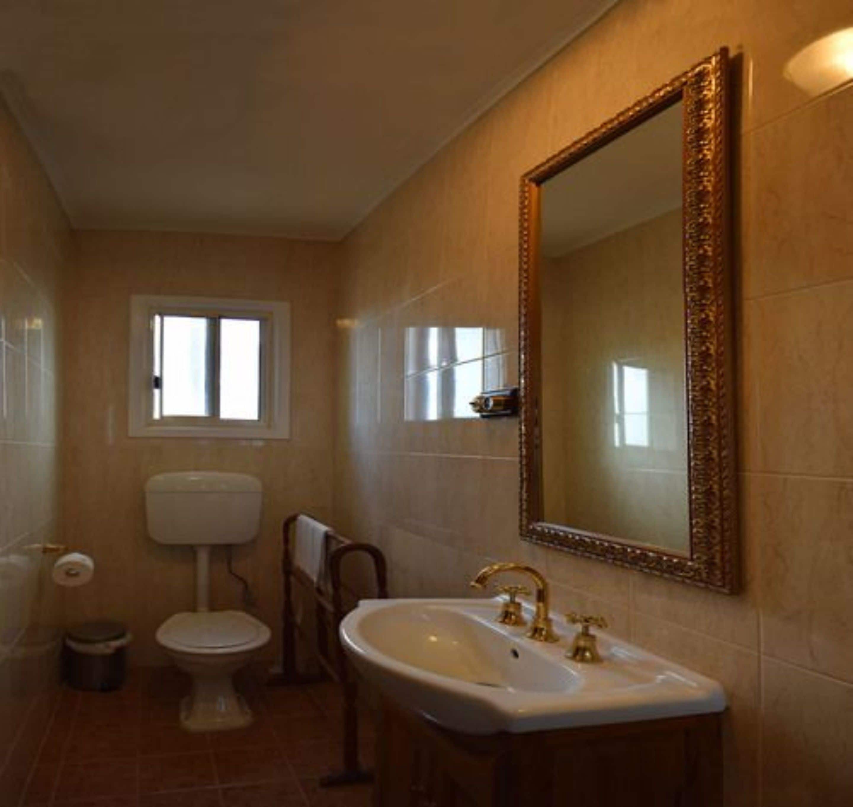 Un baño con inodoro, lavabo y espejo.