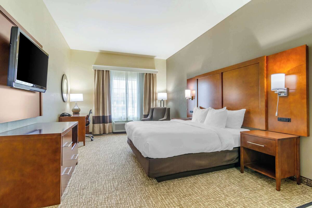 A hotel room with a large bed, a desk, a chair, a TV, and a nightstand.