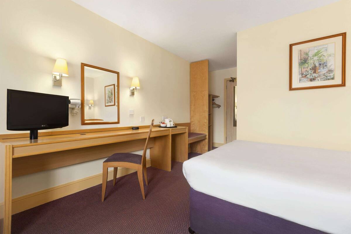 A hotel room with a bed, a desk with a chair, a television, and a mirror.