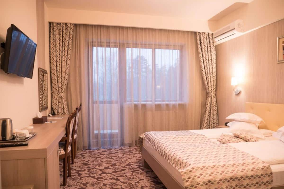 A hotel room with a bed, a desk, a chair, and a television on the wall.