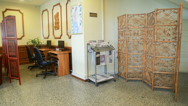 A hotel room with a wooden desk, a computer, a chair, a plant, and a decorative bamboo screen. - Panorama Hotel (Yangon)