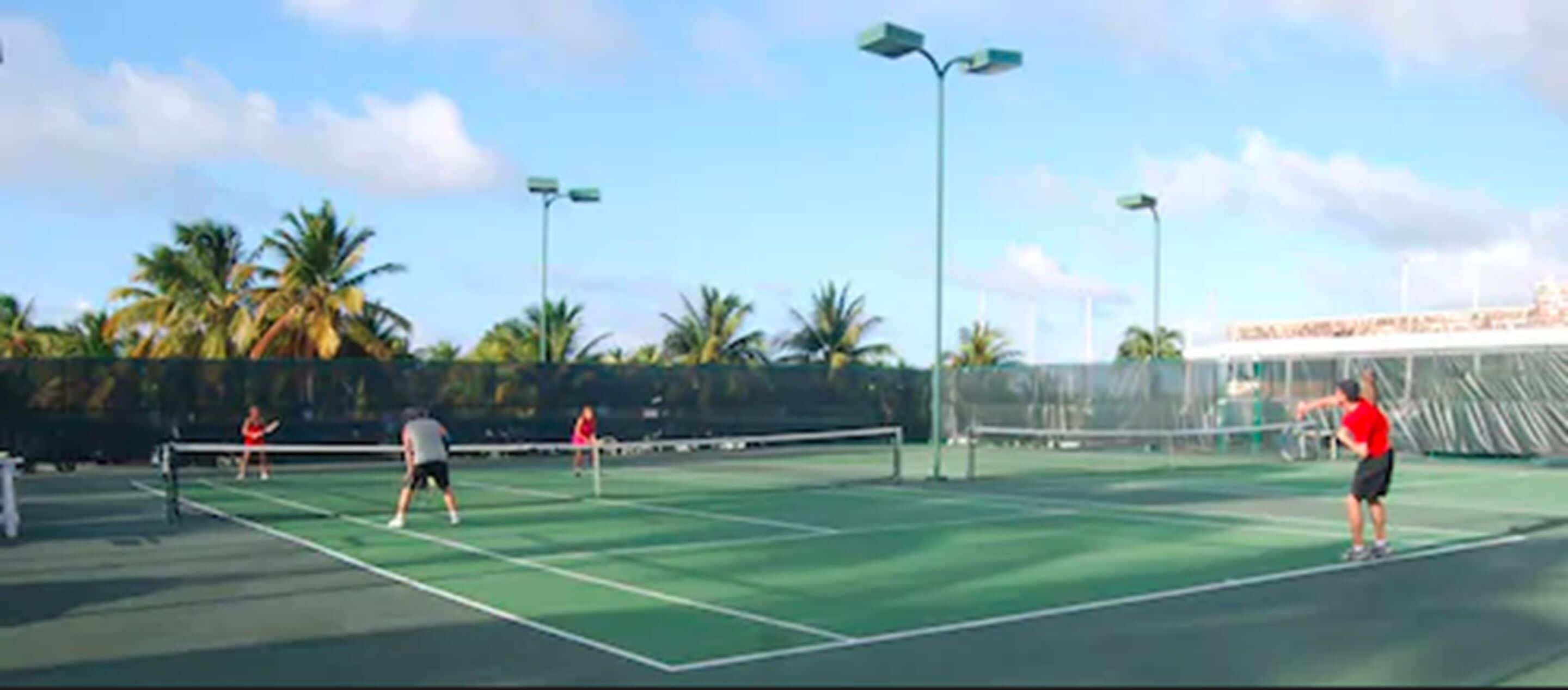 Un court de tennis avec un filet, des palmiers et des lampadaires.