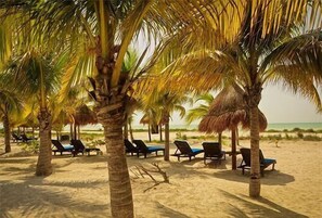 Plage privée, chaises longues, parasols, serviettes de plage