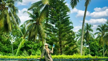 Outdoor pool, pool umbrellas, sun loungers