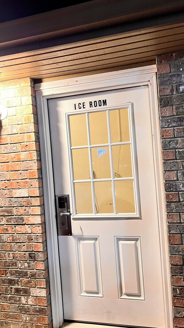 A door labeled "ICE ROOM" with a frosted glass panel, a metal handle, and a white frame.