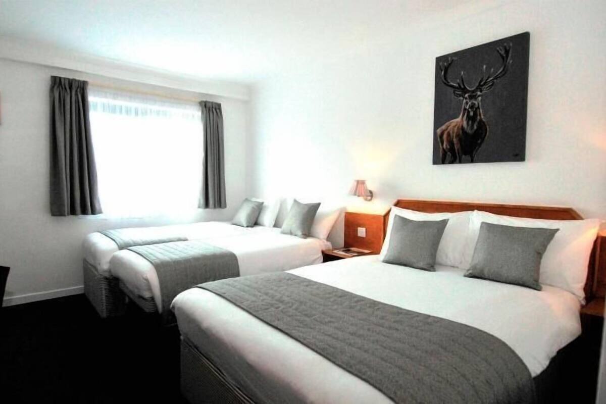 A hotel room with two beds, a desk, a chair, a window with curtains, and a deer painting on the wall.