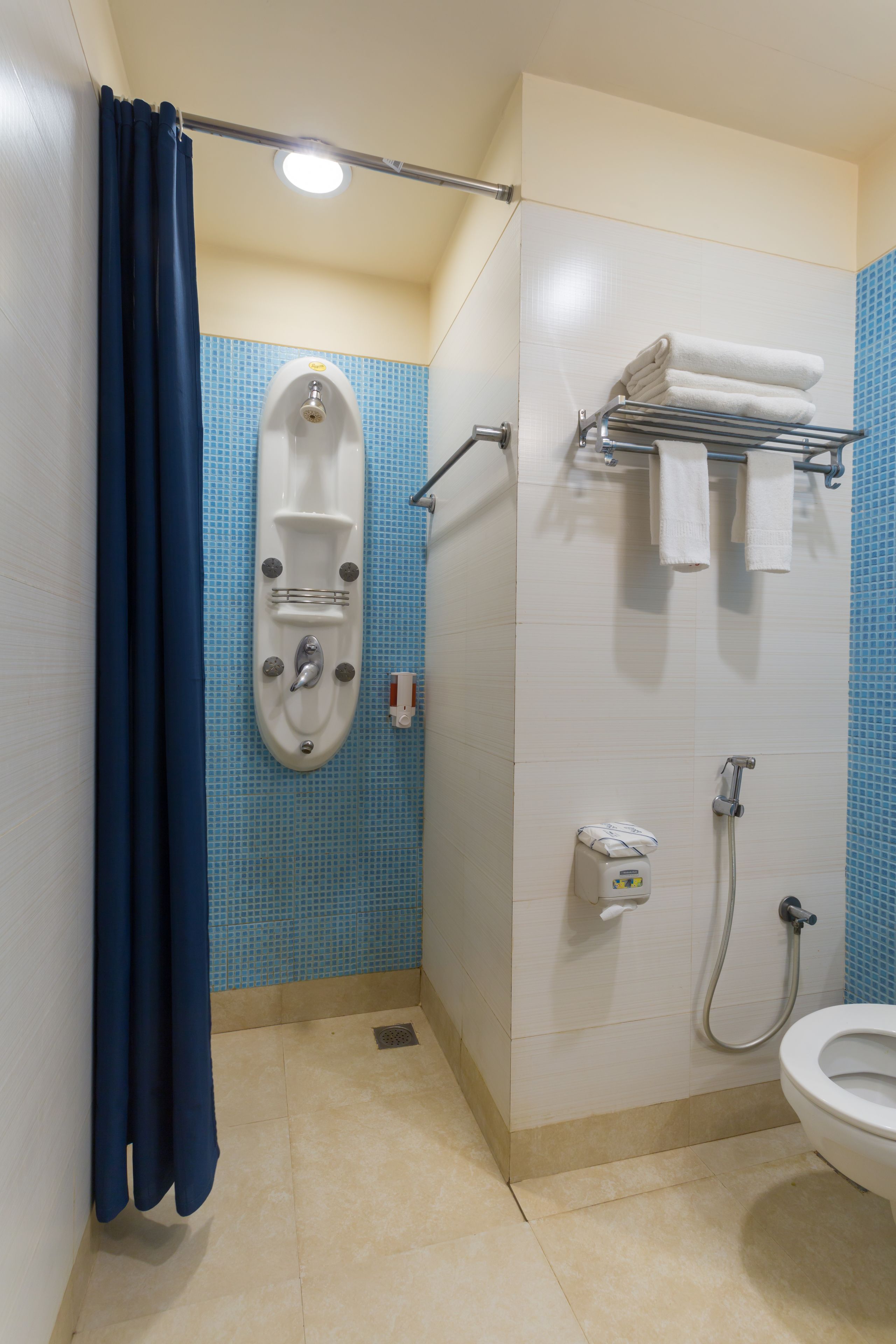 A bathroom with a shower, toilet, and a towel rack.