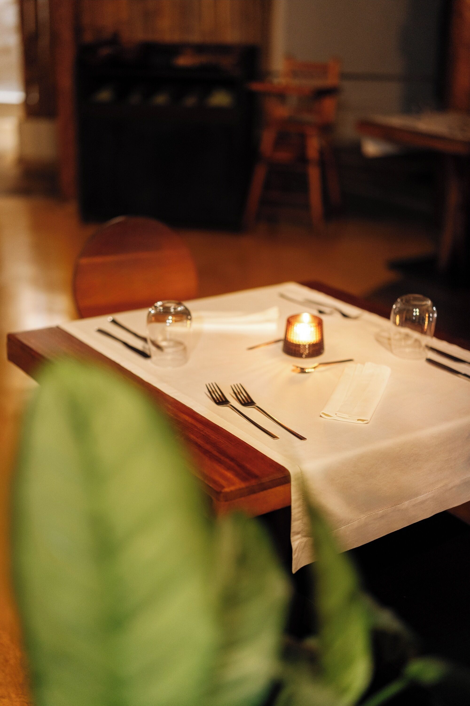 A dining table set with a candle, cutlery, and glasses, with a chair and a plant in the foreground.