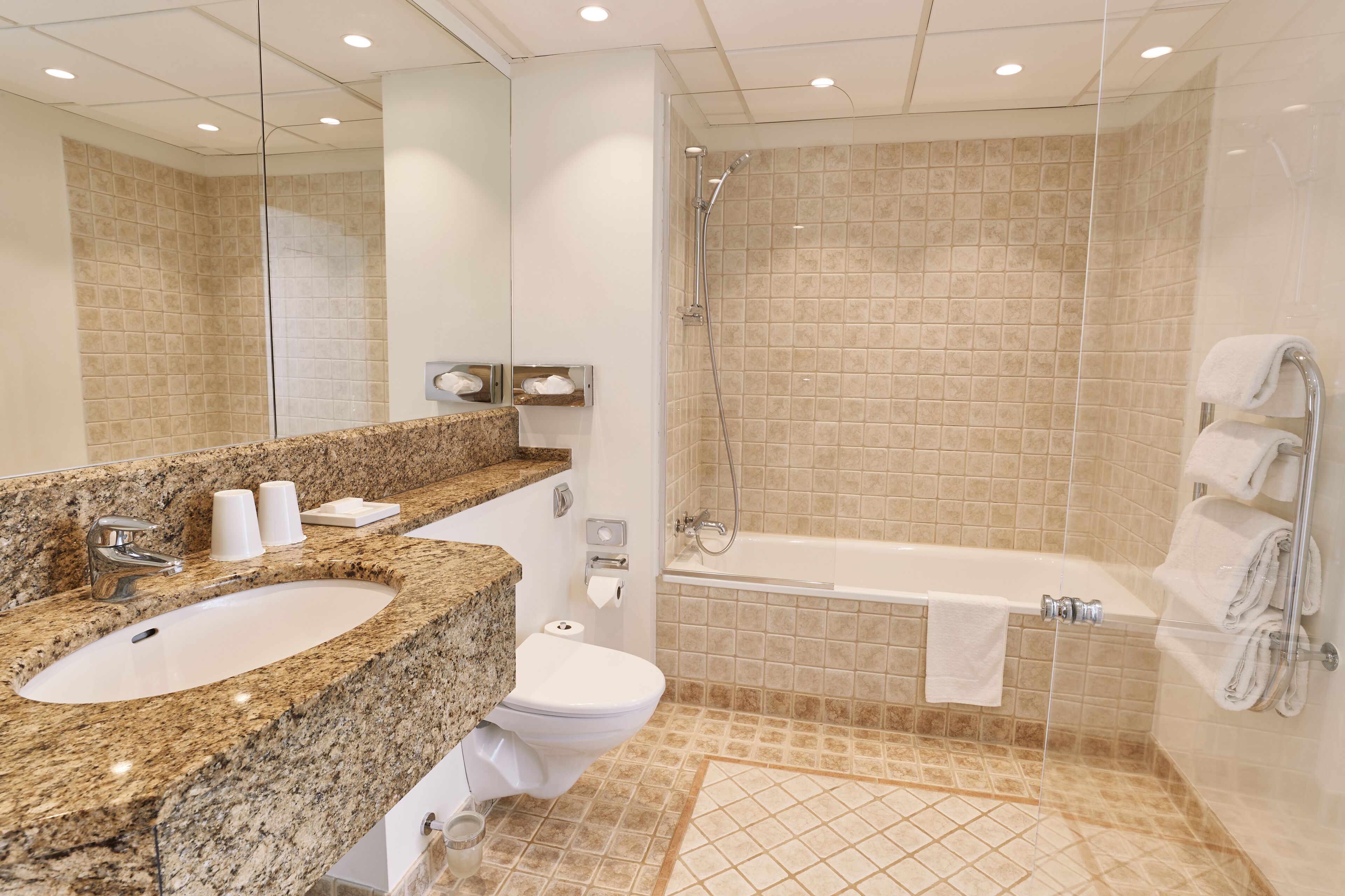 Un baño moderno con lavabo de granito, inodoro y ducha a ras de suelo.