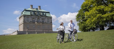 A large, historic building with a green roof and classical architecture, situated on a grassy hill with a clear sky.