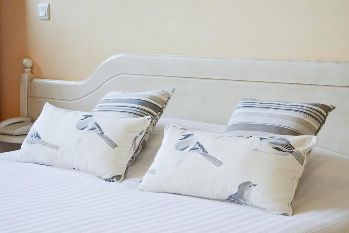 A bed with white bedding and two pillows with bird patterns.