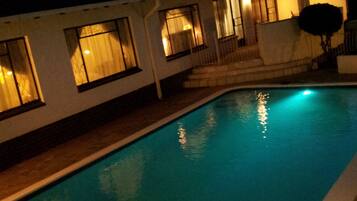 Outdoor pool, pool umbrellas, pool loungers