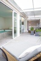 Indoor pool, outdoor pool, sun loungers