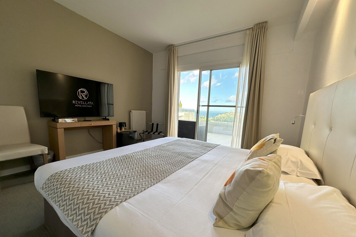 A hotel room with a bed, a television, a desk, and a view of the outdoors.