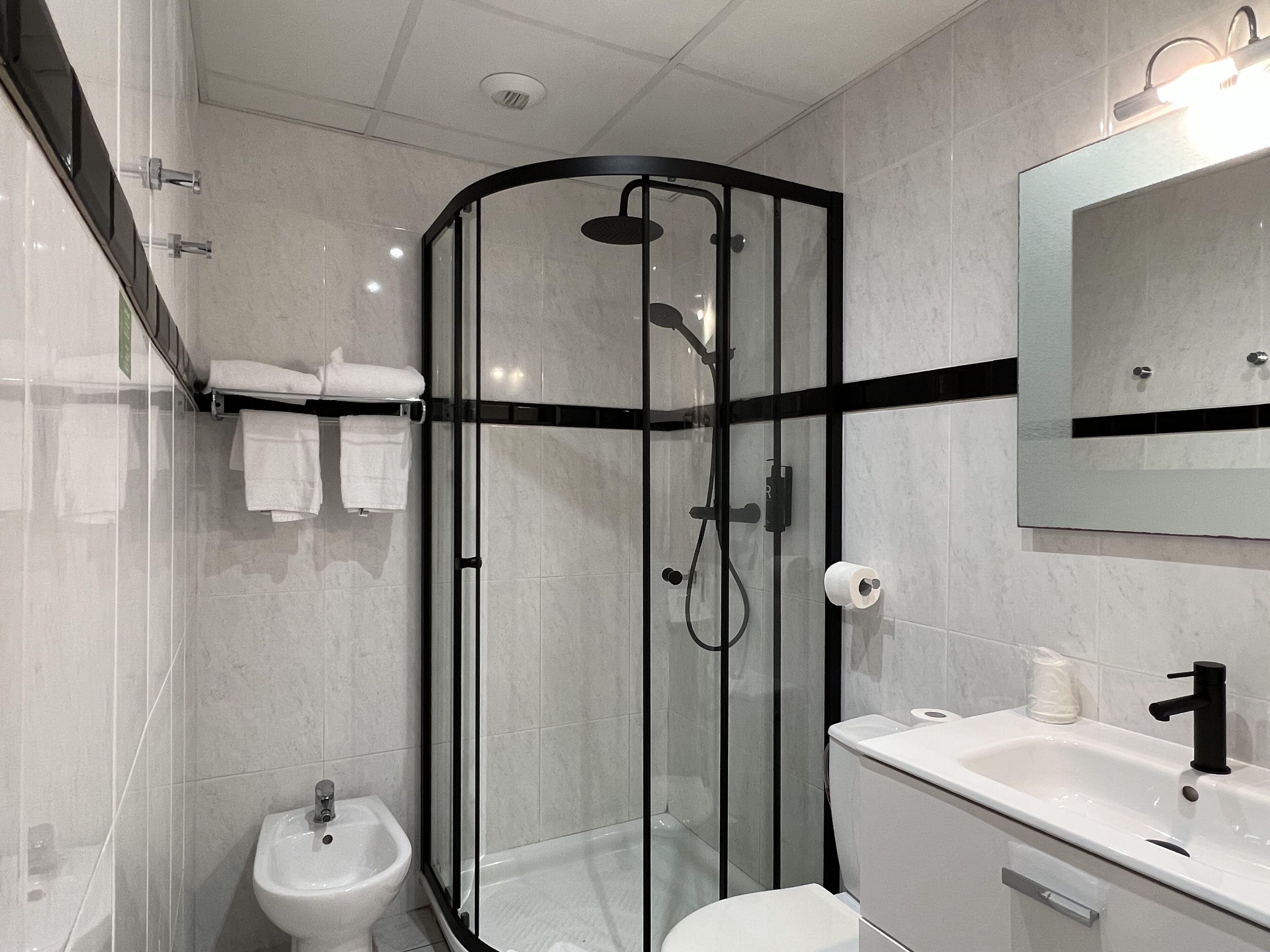 A modern bathroom with a glass-enclosed shower, a white sink, and a bidet.