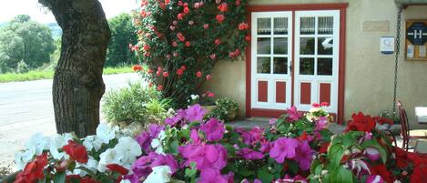 A building with a red door and windows, surrounded by a garden with pink and white flowers.