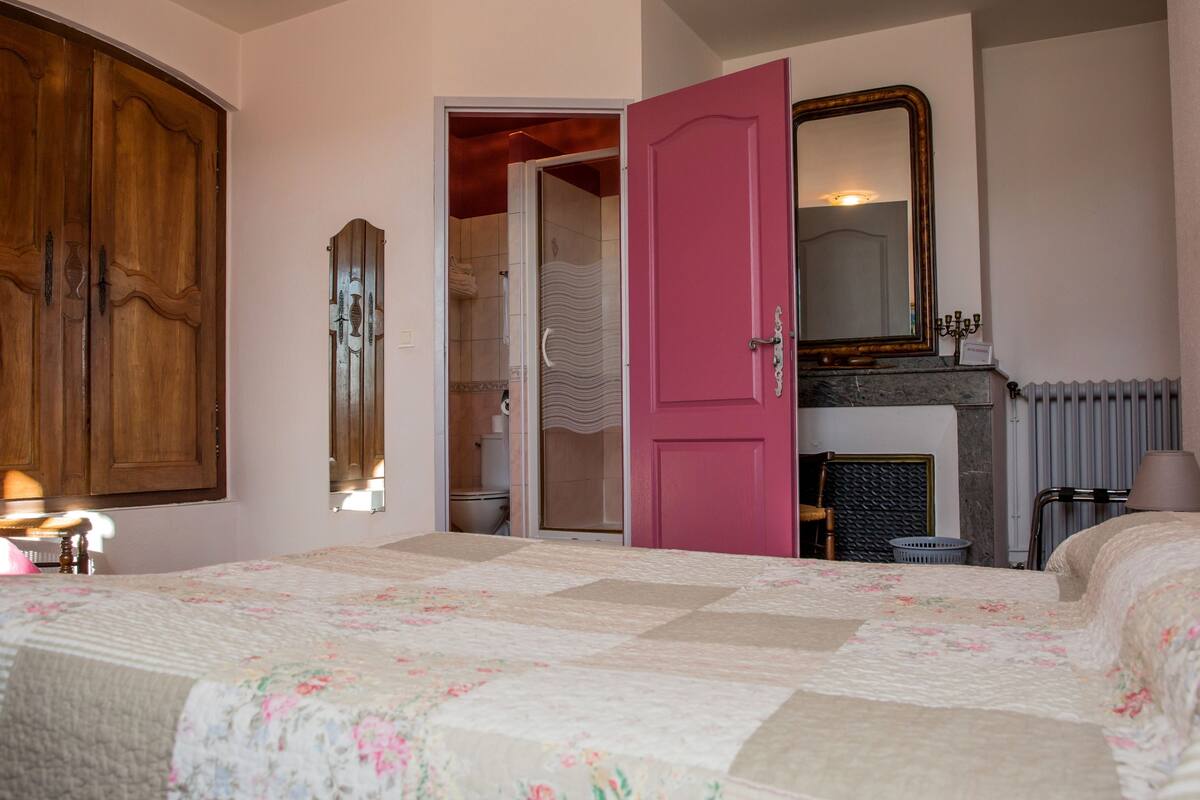 A bedroom with a large bed, a wooden wardrobe, a pink door, a mirror, and a fireplace.