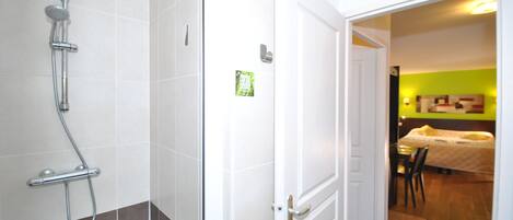 A bathroom with a shower, a white door, and a view into a bedroom with a bed and a chair.