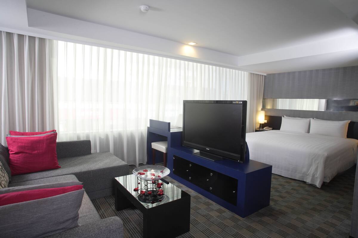 Habitación de hotel con una cama grande, televisión de pantalla plana, sofá y una mesita de centro.