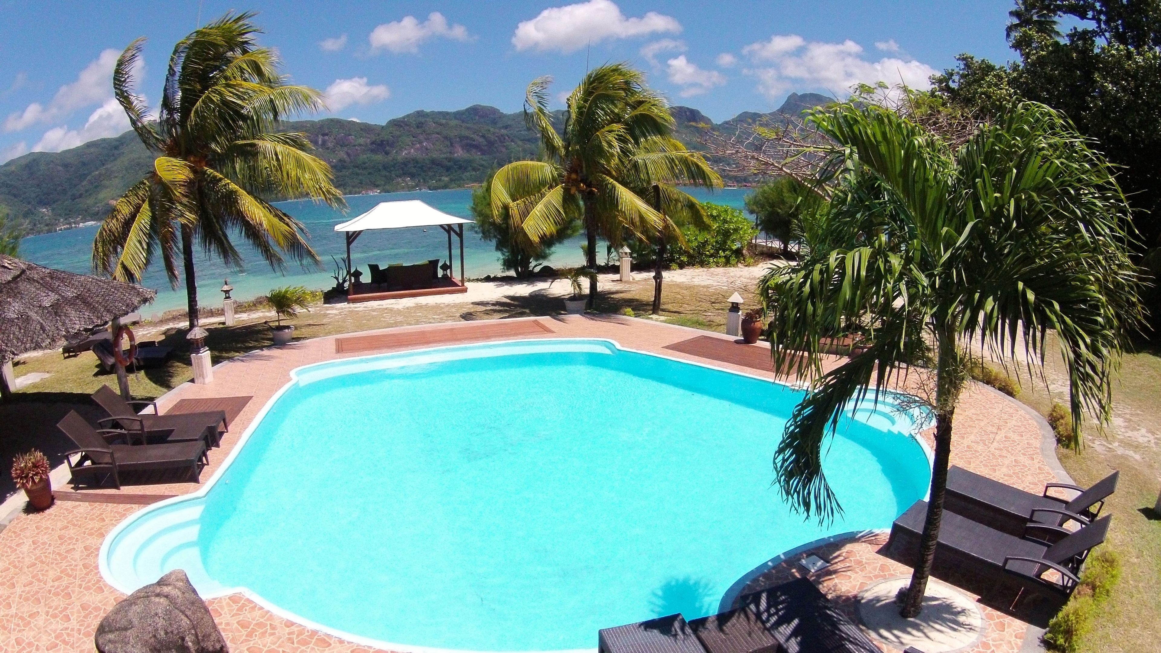 outdoor pool, pool umbrellas, pool loungers